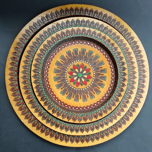 VTG Handcrafted Set of 3 Wooden Trays Decorative Plates Folk Art Mandala Design - Picture 10 of 14